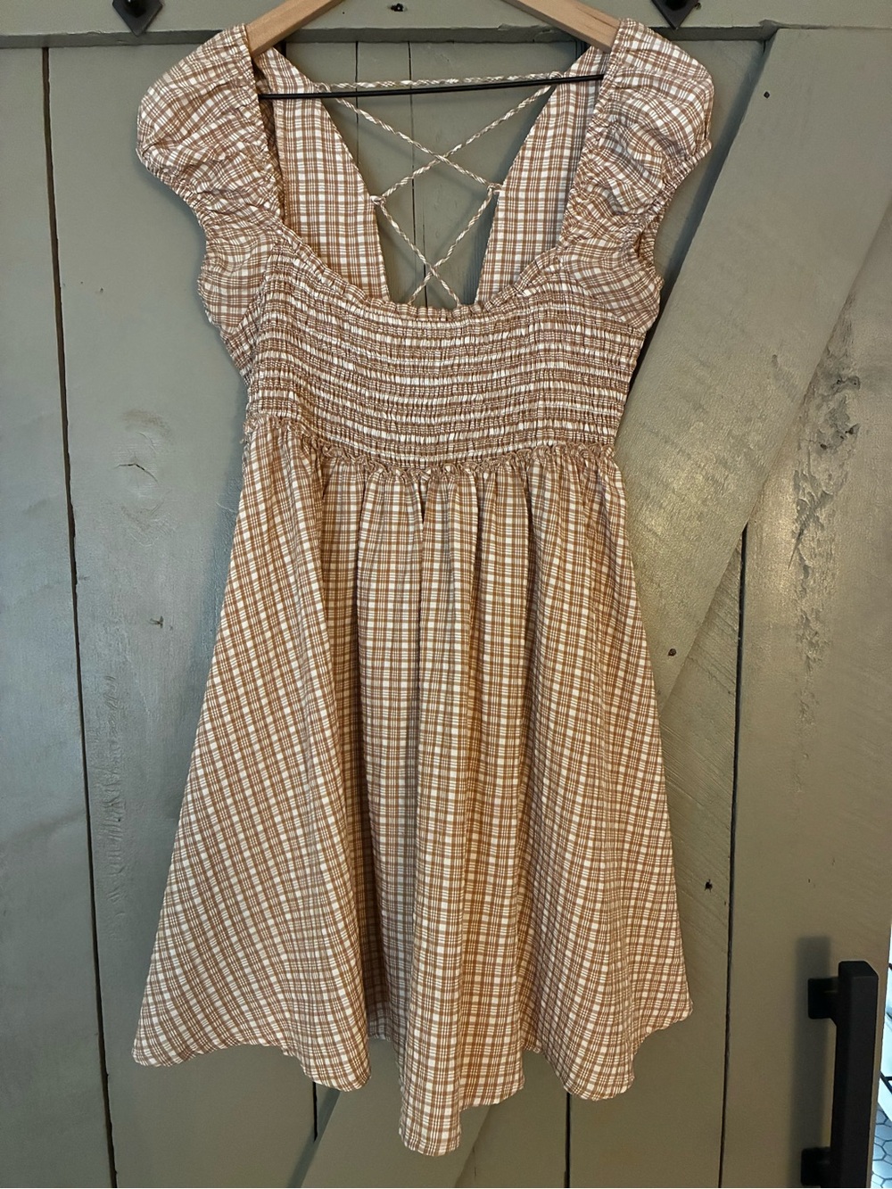 Free People Beige & White Plaid Smocked Mini Dress with Crisscross Back